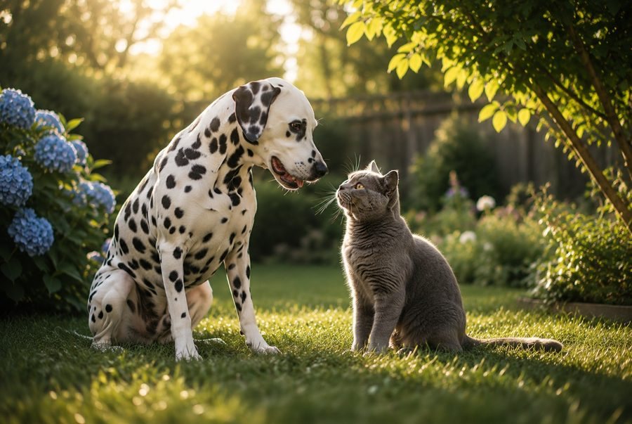 A dog and a cat sitting together on a clean, freshly cleared garden lawn in Aberdare