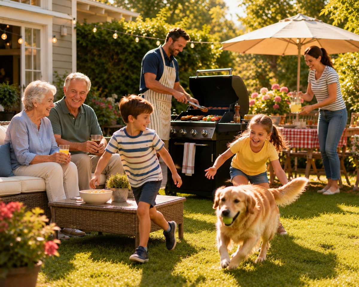 A family and their dog enjoying a clean, tidy back garden on a summer afternoon